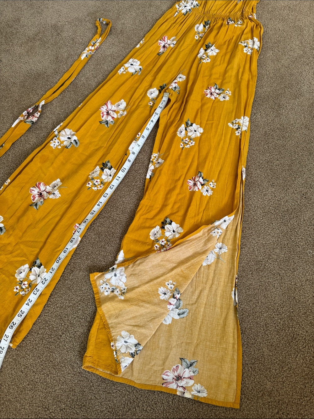 SWS Floral Mustard Wide Split Leg Jumpsuit with Removable Belt - size small - Picture 5 of 5
